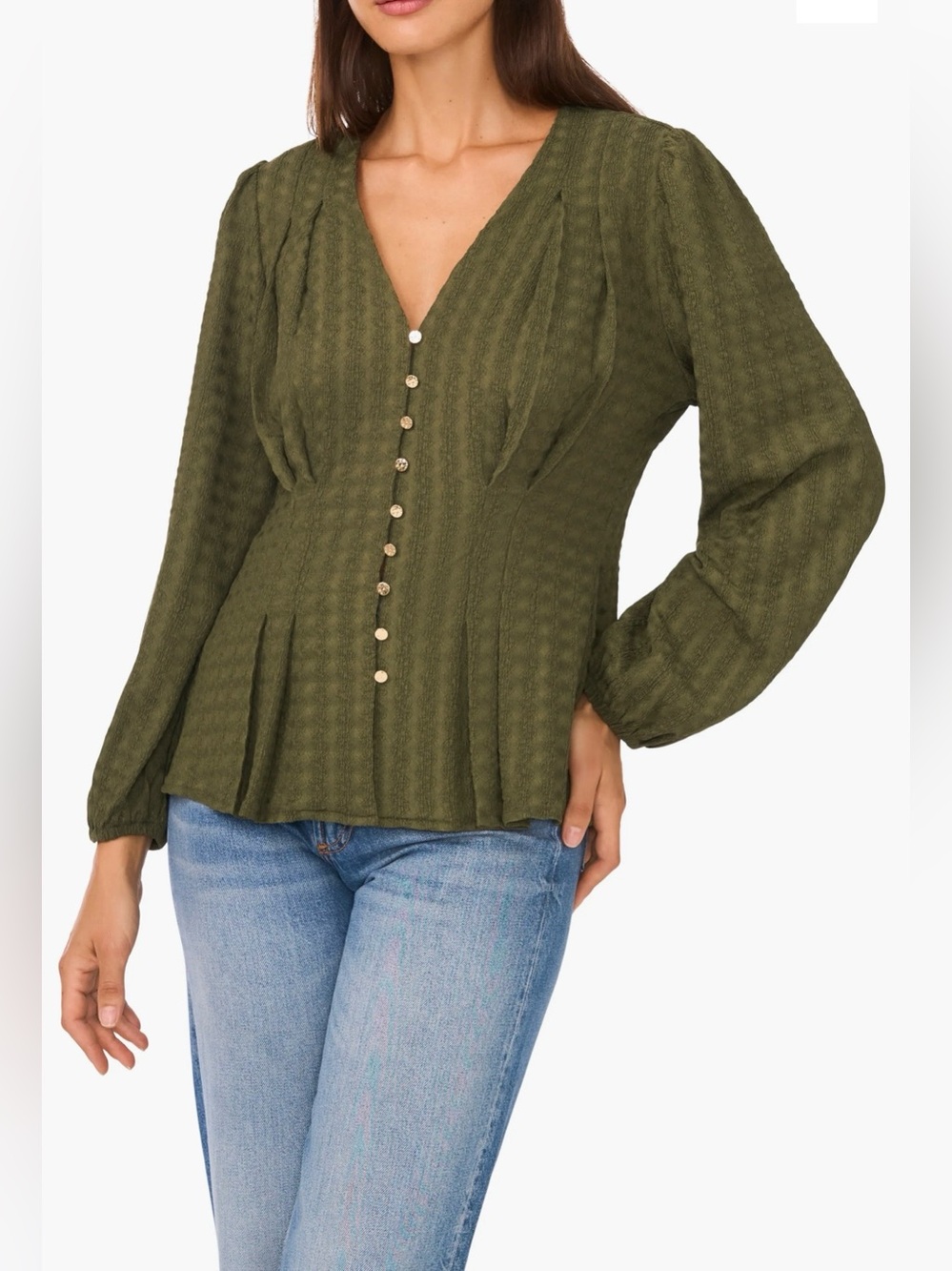 Ted Baker London Women’s Olive Green Textured Button Front Puff Sleeve Top XL